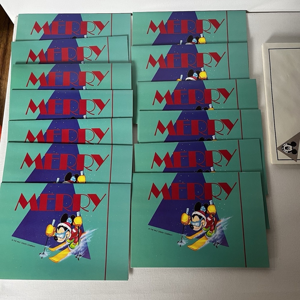 Rare Vintage Mickey Mouse Skiing "Merry" Christmas Cards NOS - Set of 13 - Picture 4 of 11
